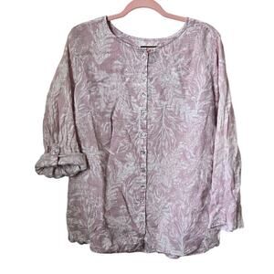 Tahari Blouse Women 1X Lilac Purple Linen Roll Tab Sleeve Button Up Beach Floral